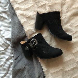 **Black Buckle Mules**
